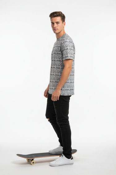 All-over print tee side profile view