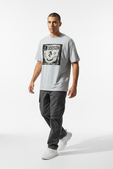 Ash grey tee mid-step walking
