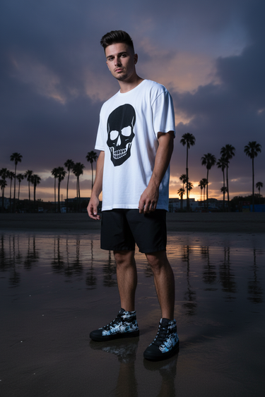 Black boardshorts skull tee beach
