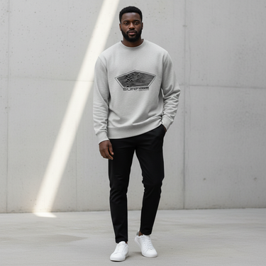 Black male model grey sweatshirt