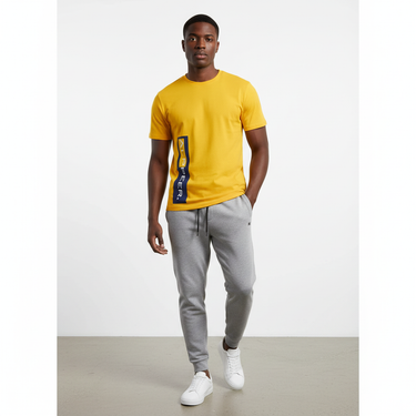 Black male model in Apex t-shirt with joggers