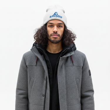 Black male model - white beanie
