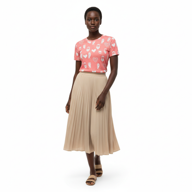 Black model with beige midi skirt