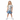 Blonde girl in My Favorite Hobbies tee with denim skirt on white background