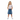 Blonde girl in Robo Days tee with denim skirt on white background