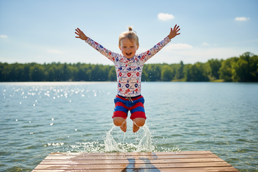 Boy jumping into lake