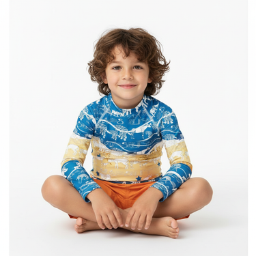 Boy sitting in Wildlife rash guard with orange trunks on white background