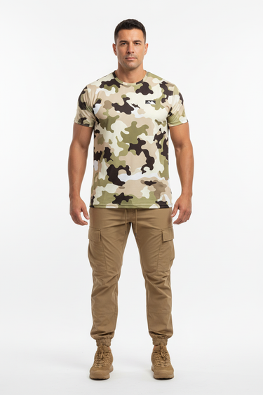 Camo Tee with Tan Cargo Joggers - Front
