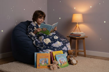 Child reading with blanket in cozy corner