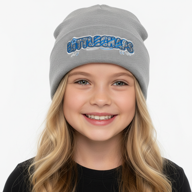 Close-up girl heather grey beanie playful