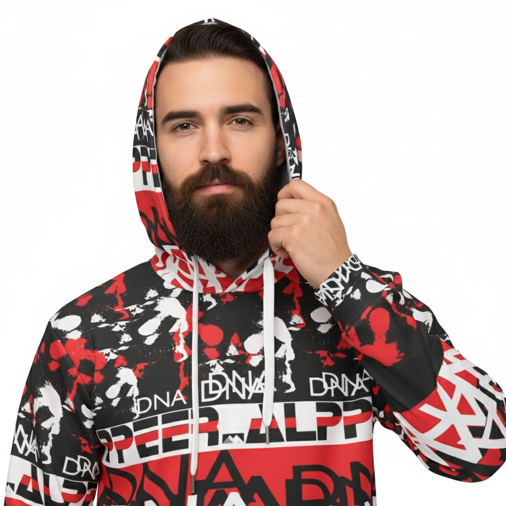 Close-up of white male model with hood up in Peniel hoodie