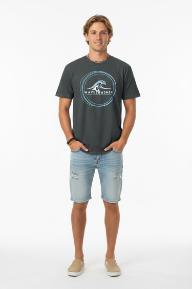 Dark heather grey tee with hands in pockets