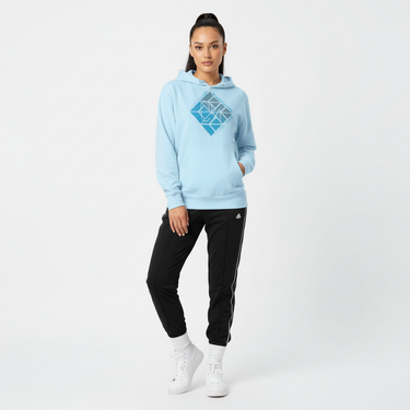 Female model in blue aqua Surfxion hoodie with track pants