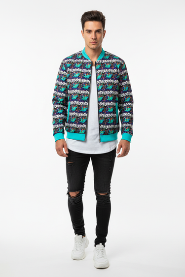 Fit model with exact graffiti stripe bomber