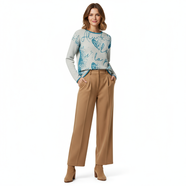 French script sweater with wide-leg trousers