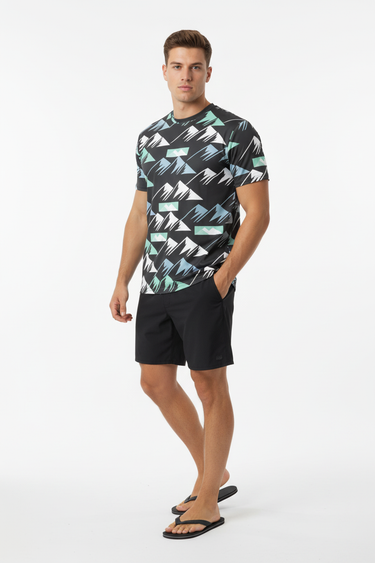 Geometric pattern tee with black boardshorts