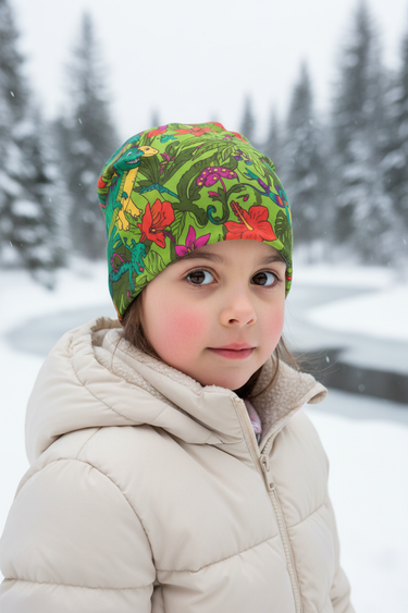 Girl age 6 wearing dinosaur jungle beanie