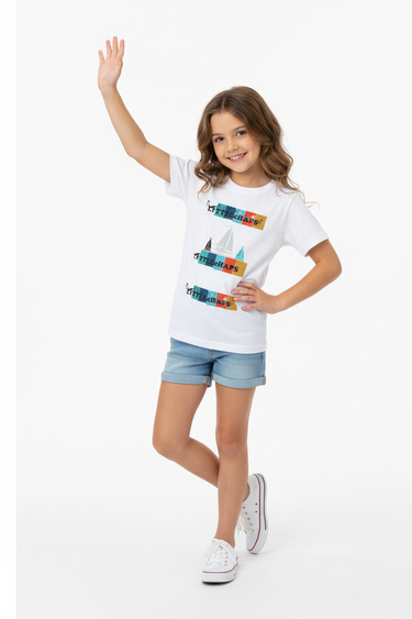 Girl age 7 standing waving friendly