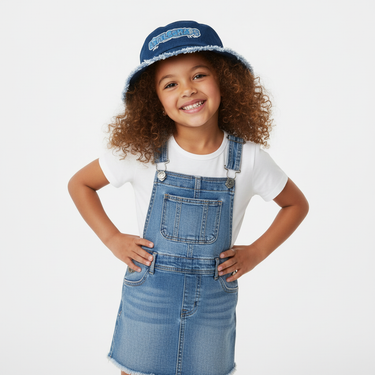 Girl classic denim bucket hat hands on hips