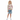 Girl in rash guard with denim shorts on white background