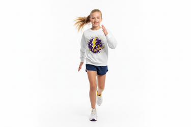 Girl in white sweatshirt running
