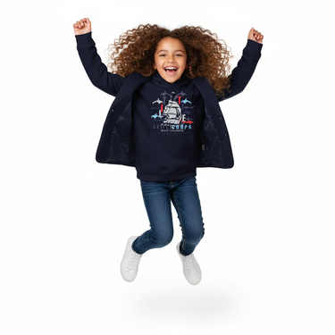 Girl navy ocean hoodie leaping