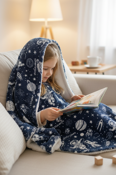 Girl reading with blanket
