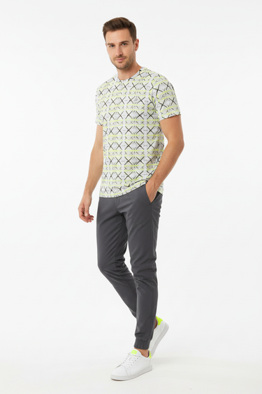 Grid Pulse Tee with grey joggers angle