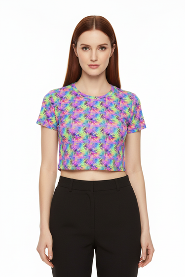 Model 8 - Front view of rainbow palm crop tee