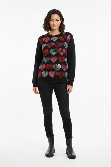 Geometric hearts sweater with black jeans for modern casual aesthetic