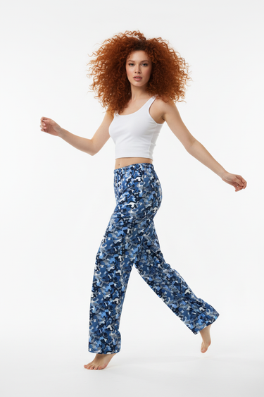 Model 3 - Front view of blue camo wide-leg pants