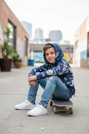 Boy wearing LITTLEcHAPS Space Explorer hoodie on skateboard