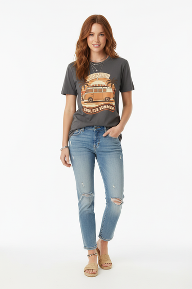 Look 6 - Anthracite grey tee, auburn wavy hair model