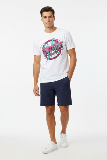 Look 7 — Solid White Blend + Boardshorts