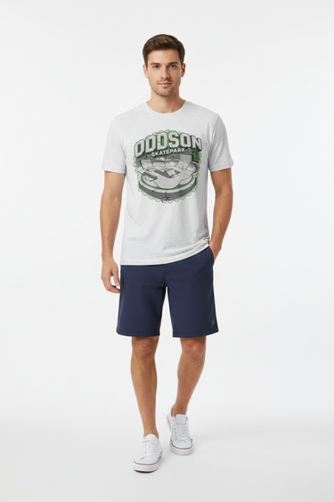 Look 8 — White Fleck + Boardshorts