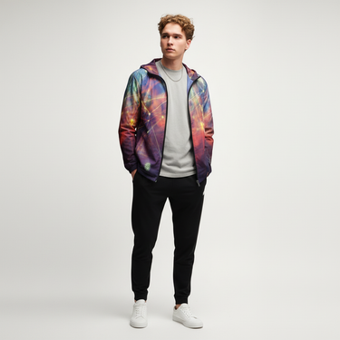 Man with curly hair in open galaxy windbreaker
