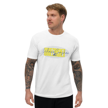 A male model wearing a white crew neck T-shirt with text graphic on the front.