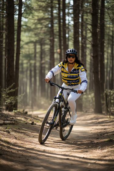 Mountain bike trail pine forest action shot