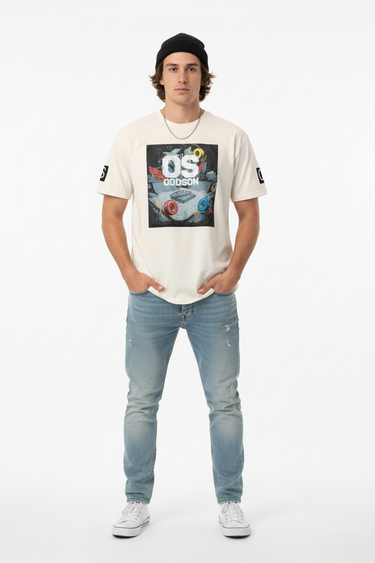 Natural cream tee with hands in pockets