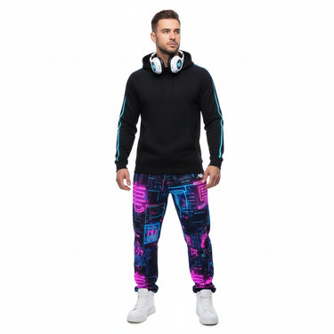 Neon City Wide-Leg Joggers - Male gamer with hoodie and headphones
