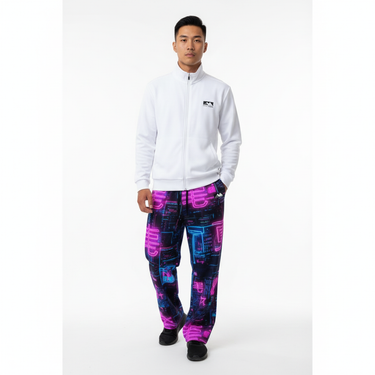 Neon City Wide-Leg Joggers - Southeast Asian male model with track jacket