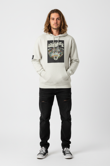 Oatmeal heather hoodie with long hair model, hands in pocket