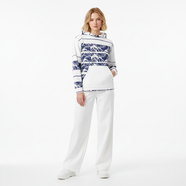 Ocean Wave Stripe Hoodie - White female model with white pants