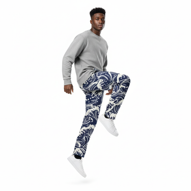 Ocean Wave Wide-Leg Joggers - Black male model with crewneck