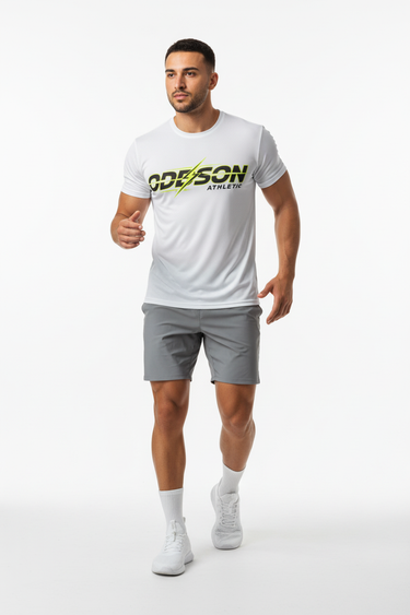 ODEYSON tee with gray athletic shorts front