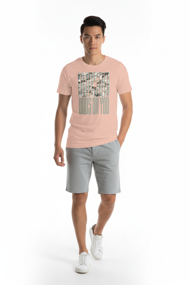 Peach Tee Grey Shorts Front