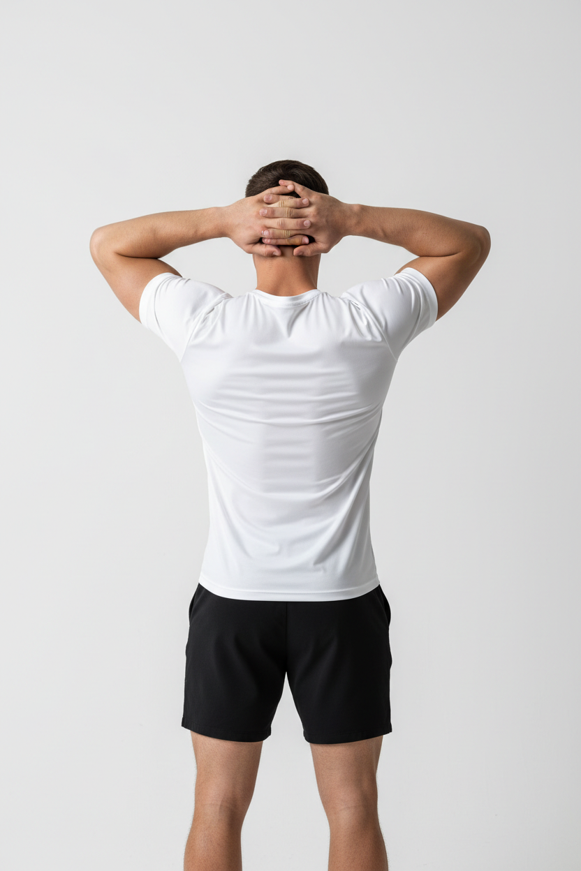 Plain white back with black athletic shorts