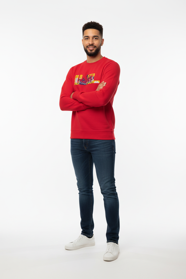 Red sweatshirt arms crossed