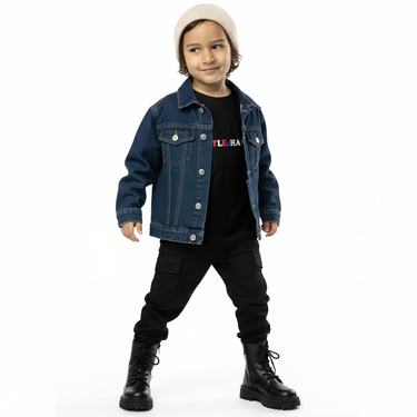T-shirt layered under denim jacket