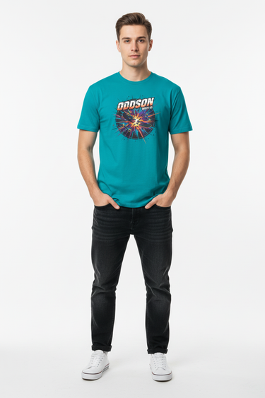 Tropical blue tee front with explosion graphic